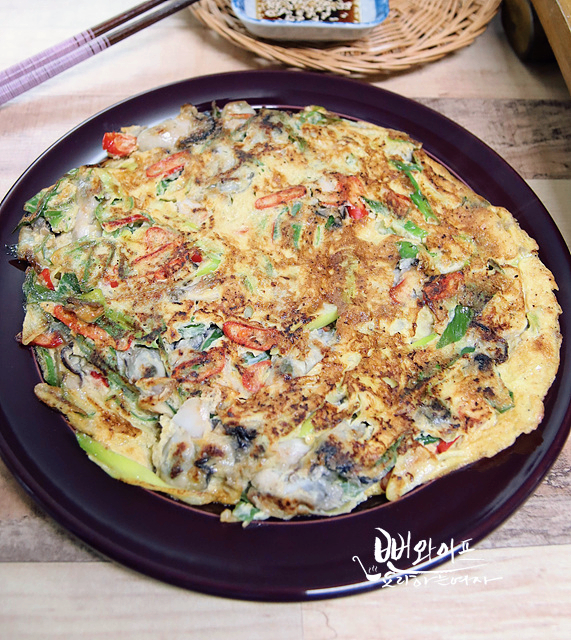 Thick Gul Jeon (Pan-Fried Oyster Patties) with Green Onion — finished dish