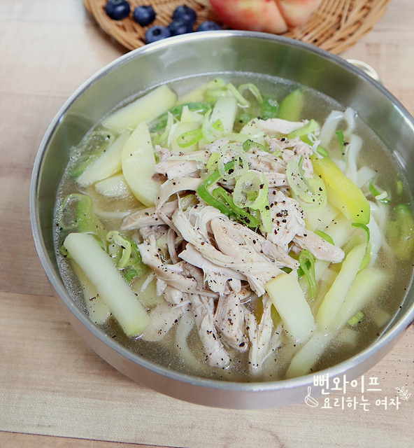 Dak Kalguksu (Chicken Noodle Soup) with Sautéed Chicken — finished dish