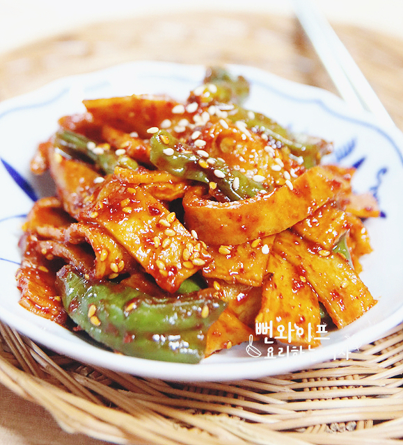 Spicy Eomuk Bokkeum (Stir-Fried Fish Cakes) with Shishito Peppers — finished dish